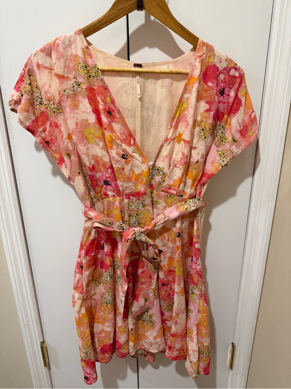 Free People Floral V-Neck Pink Belted Women's Dress
